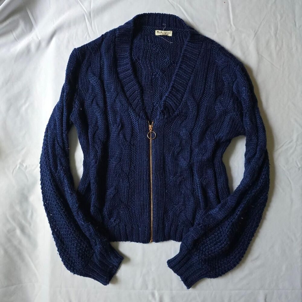 For Love & Lemons KNITZ Charlotte Navy Cable Knit Zip Cardigan